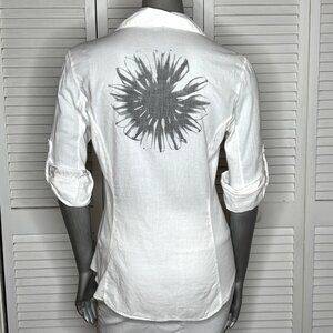 James Perse White Shirt Sz 2 Linen Blend Roll Sleeve Sunburst Back Graphic Rare